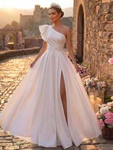 Glamrae Elegant White Glossy Satin Minimalist Asymmetric Shoulder Ruffle Sleeve Fitted Ruched Bodice High Waist Oversized A-Line Skirt With Train Side Slit - White - View 2