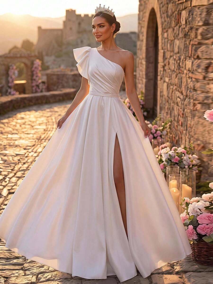 Glamrae Elegant White Glossy Satin Minimalist Asymmetric Shoulder Ruffle Sleeve Fitted Ruched Bodice High Waist Oversized A-Line Skirt With Train Side Slit
