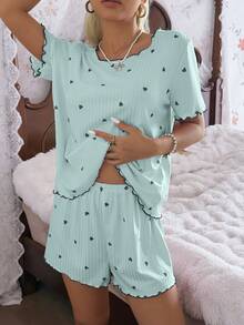 CottageSlumber Conjunto de pijama para mujer con camiseta de manga corta y pantalones cortos, ajuste holgado, acanalado, con estampado de corazones pequeños en color verde - verde menta - Ver 5