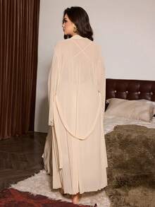 Slumberist Plus Size Soft Style Lace Patchwork Long Sleeve Robe Lightweight Luxury Tie Waist Outerwear Morning Robe Women's Sleepwear 2-Piece Set Beige - Apricot - View 2