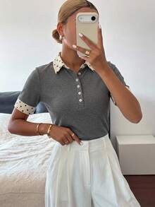 FRIFUL Women's Polka Dot Pattern Button Half Placket Short Sleeve Casual Preppy T-Shirt Brunch Everyday Black And White Polka Dot Summer - Grey - View 6