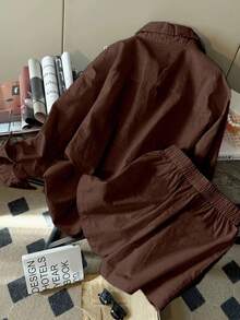 Resyla 新款極簡時尚亞麻女款休閒套裝 2件組，寬鬆百搭長袖上衣與短褲 - 棕色 - 查看 2