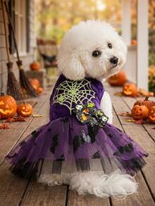 PETSIN 1pc Pet Halloween Purple Velvet Splice Metallic Mesh Spider Print Witch Costume Dress For Cats & Dogs - Multicolor - View 3