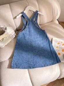Elladie kids 女童可愛牛仔女孩風格多色愛心刺繡休閒牛仔吊裙，無袖復古藍色水洗寬鬆A字連身褲，秋季款 - 中等水洗藍 - 查看 2