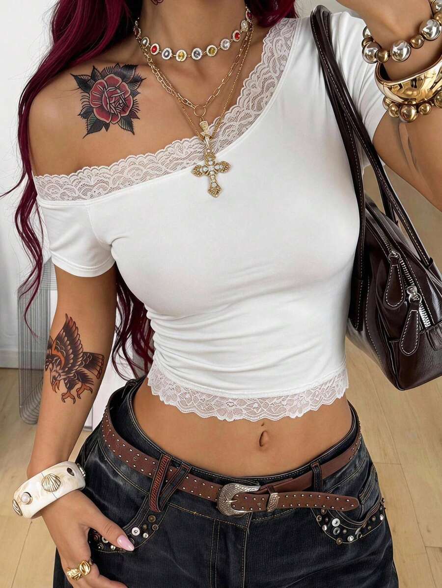 Coolane 女款大尺碼夏季秋季街頭風性感優雅復古蕾絲不對稱T恤，白色，適合外出約會之夜、婚禮、哥德風、Y2K、龐克、萬聖節