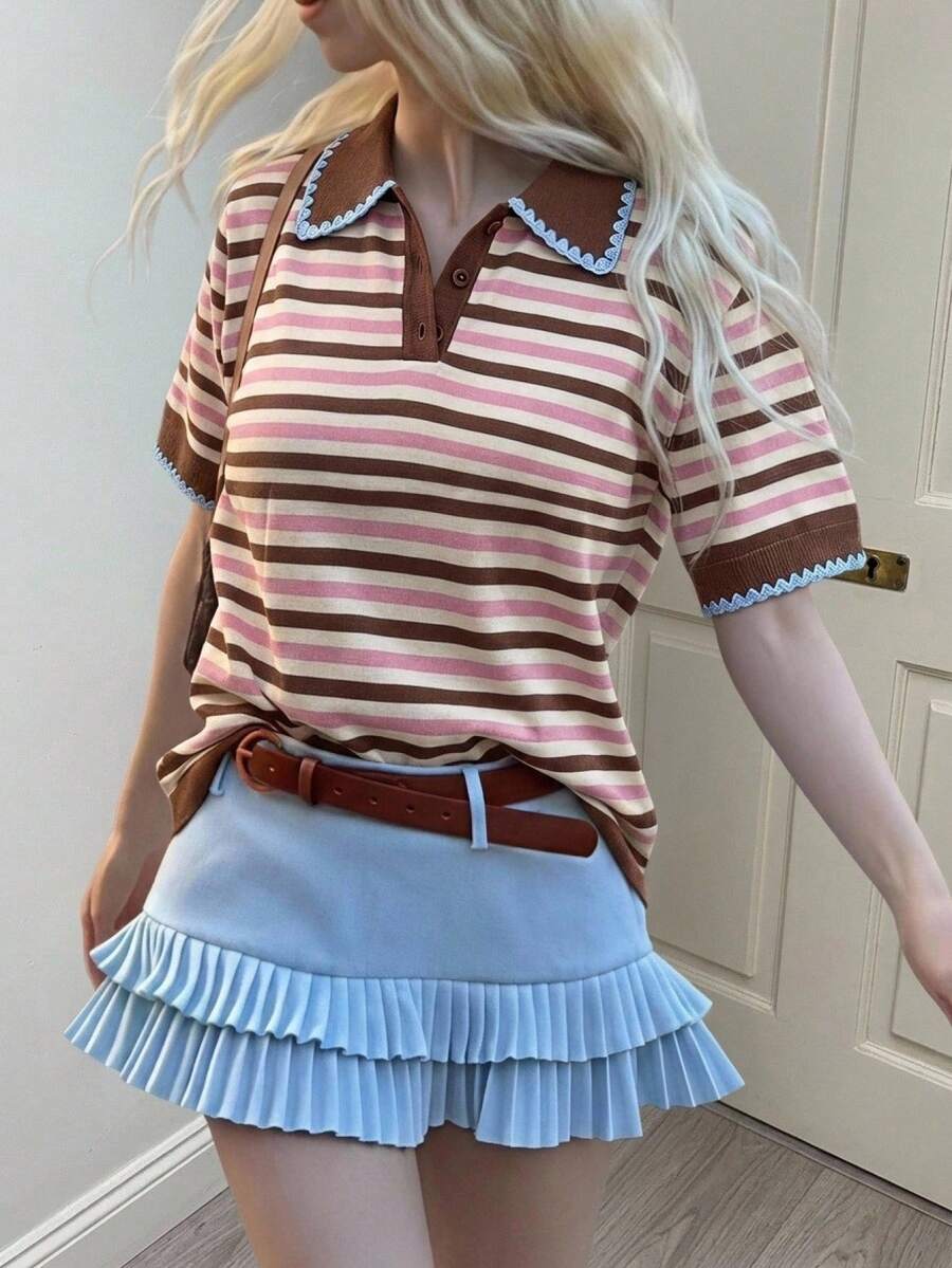 CovetEZ 女款條紋短袖休閒POLO領針織上衣