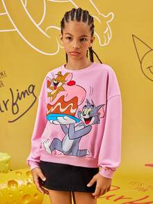 TOM & JERRY X SHEIN Tween Girl Cartoon Printed Pink Casual Loose Drop Shoulder Sweatshirt - Pink - View 4