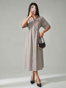 SHEIN PETITE Women's Fashionable Beige Long-Sleeve Collared Commuter Dress Teachers' Day Office Summer French Elegant - Apricot - View 3