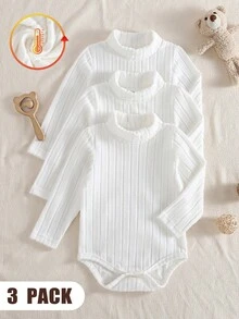 SHEIN Vintaside Kids 3件組乳白色嬰兒高領連身衣，四季爬行衣，新生兒長袖修身親膚柔軟 - 白色 - 查看 3