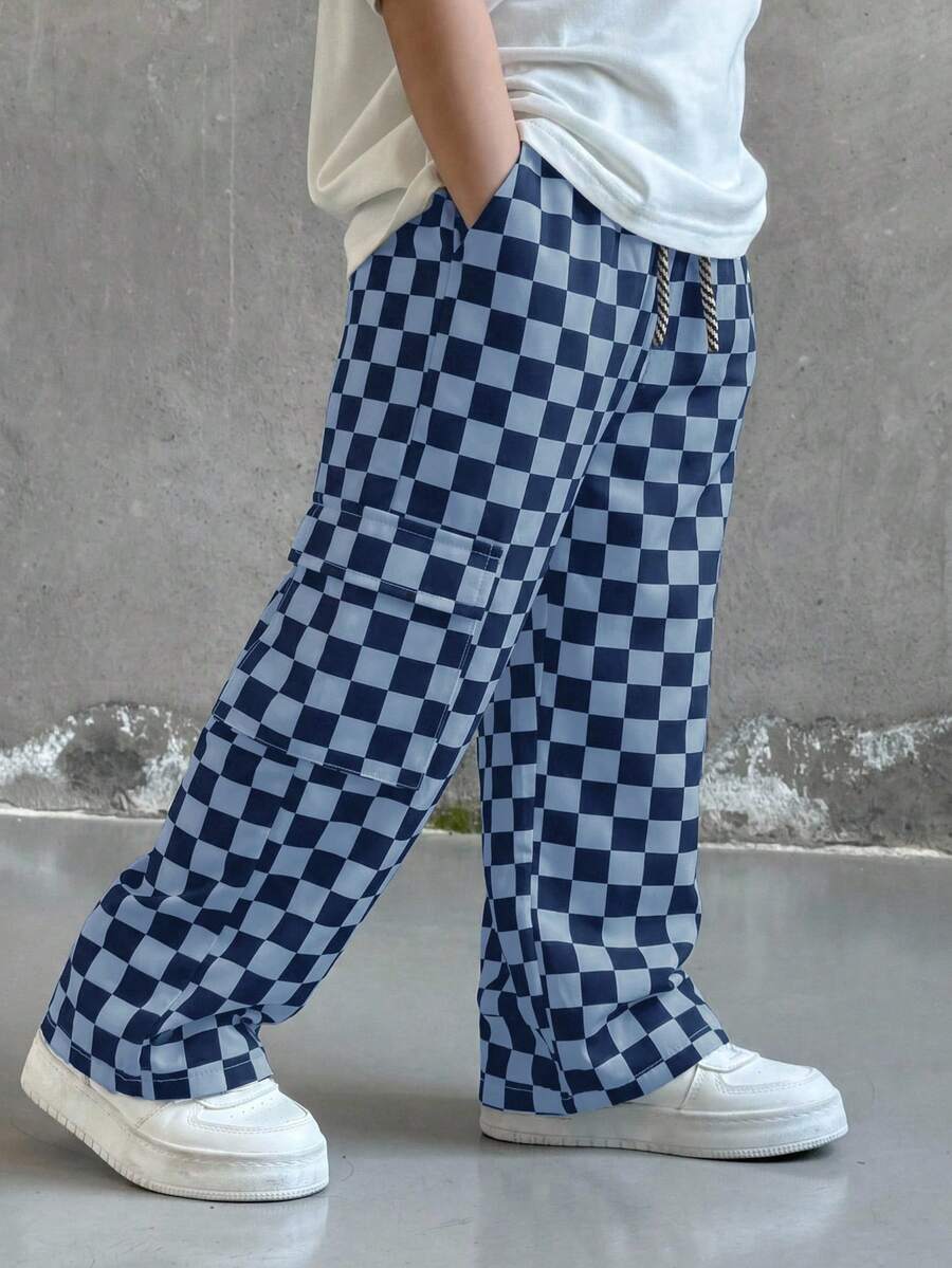 SHEIN Little Byeori 1件小男孩休閒運動可愛日常舒適街頭風百搭棋盤格印花直筒長褲,適合外出、學校、日常聚會,春、夏、秋、冬、返校、秋季 - 彩色 - 查看 1