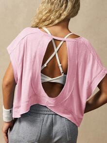 VARSIVA Women's Solid Color Casual Daily Travel Sports T-Shirt - Pink - View 7