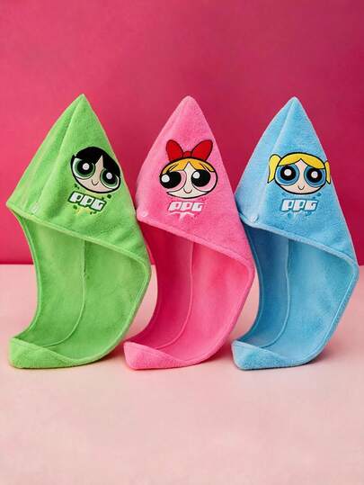 THE POWERPUFF GIRLS X POKOJA LAND 1pc Cute Embroidered Flying Apsara Female Police Dry Hair Cap, Coral Velvet Water Absorbent Quick Drying Non Shedding Hair Dry Hair Towel, Household Hair Washing Headcloth, Used For Daily Home, Student Dormitory, Business Travel