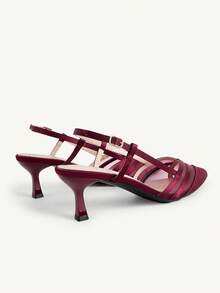 CUCCOO CHICEST 女款新款網布拼接V領尖頭小貓跟酒紅色高跟鞋，優雅百搭，適合約會、通勤、晚宴場合 - 酒紅色1 - 查看 6