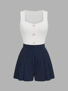 Elenzga Summer New Daily Versatile Set Square Neck Ribbed Tank Top Ribbed High Waist Slimming Shorts Women 2pcs Set - Multicolor - View 7