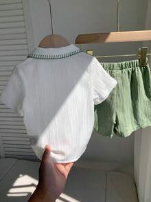 SHEIN 中性嬰兒男/女嬰 2件組 春夏休閒可愛大象刺繡度假風短袖上衣與短褲套裝，男嬰套裝，男嬰夏季衣著，柔軟，復古 - 薄荷綠 - 查看 2