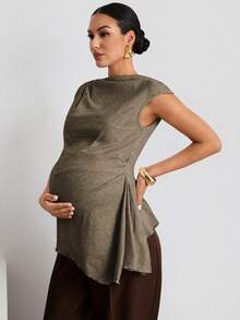 MaterniWear Maternity Solid Color Cap Sleeve Ruched Asymmetrical Hem Casual T-Shirt Summer - Brown - View 4