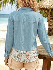 Selamara Women's Y2K Fall Floral Pearl Denim Effect Shirt, Suitable For Everyday Wear And All Seasons. - Multicolor - View 2