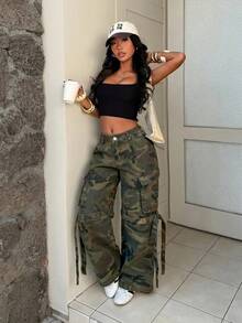 SHEIN 女款迷彩休閒百搭日常穿著工裝牛仔褲，附口袋與鈕扣 - 彩色 - 查看 6