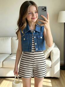 SHEIN Conjunto de 2 piezas para niñas jóvenes, mono a rayas blanco y negro con chaleco de mezclilla, moda casual, adecuado para salidas diarias, hogar y reuniones - Multicolor - Ver 3