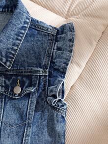 Girls' Denim Jacket Vest, Medium Blue Denim, Ruffle Sleeveless Lapel Single-Breasted With Pockets All-Match Denim Vest, Casual Versatile Vintage Washed Denim Outerwear, Spring/Autumn Layering Vest - Blue - View 7