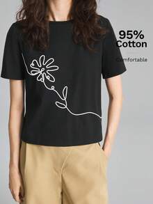 Ontre 夏季女款寬鬆黑色花卉短袖T恤，對比繩飾刺繡布料，圓領休閒通勤日常日穿 - 黑色 - 查看 6