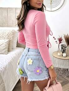 INAWLY Women's Solid Color Pleated Casual Versatile Daily Wear T-Shirt - Pink - View 2