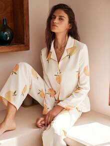 Rosleepa Women's Fruit Print Long Sleeve Single-Breasted Top And Pants Pajama Set - White - View 1