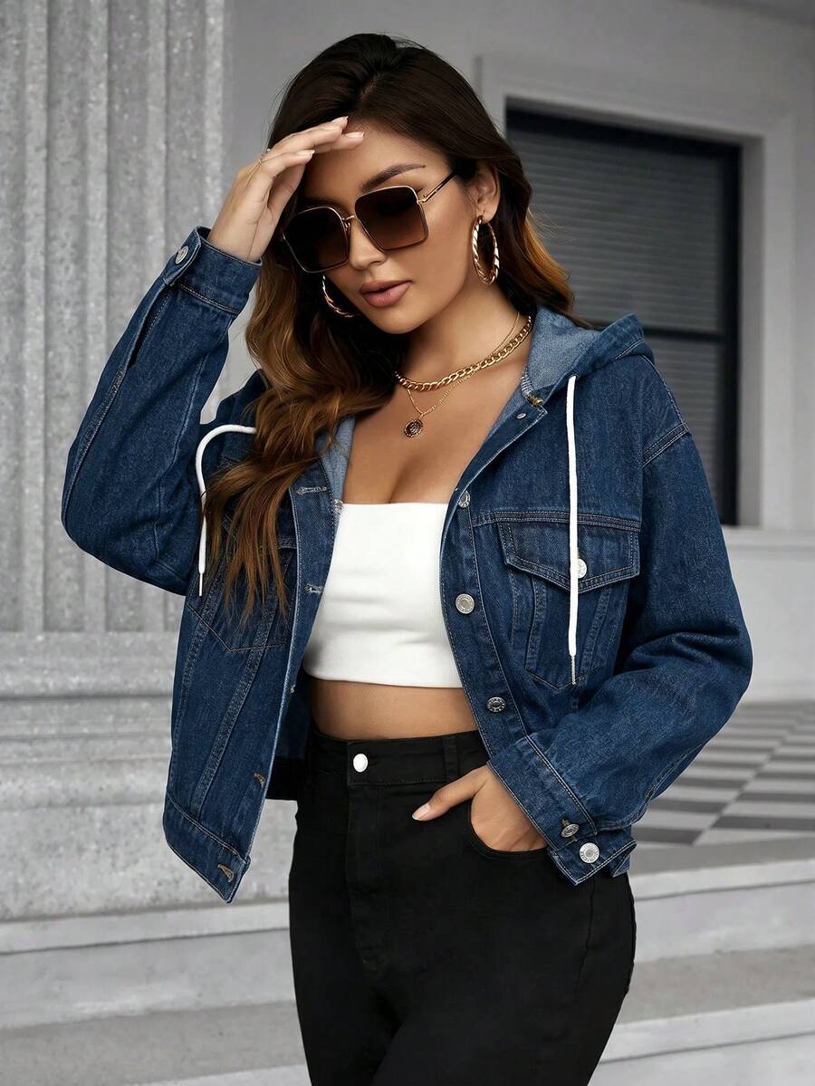 SHEIN Frenchy 春秋休閒連帽牛仔夾克 - 深色水洗藍 - 查看 1