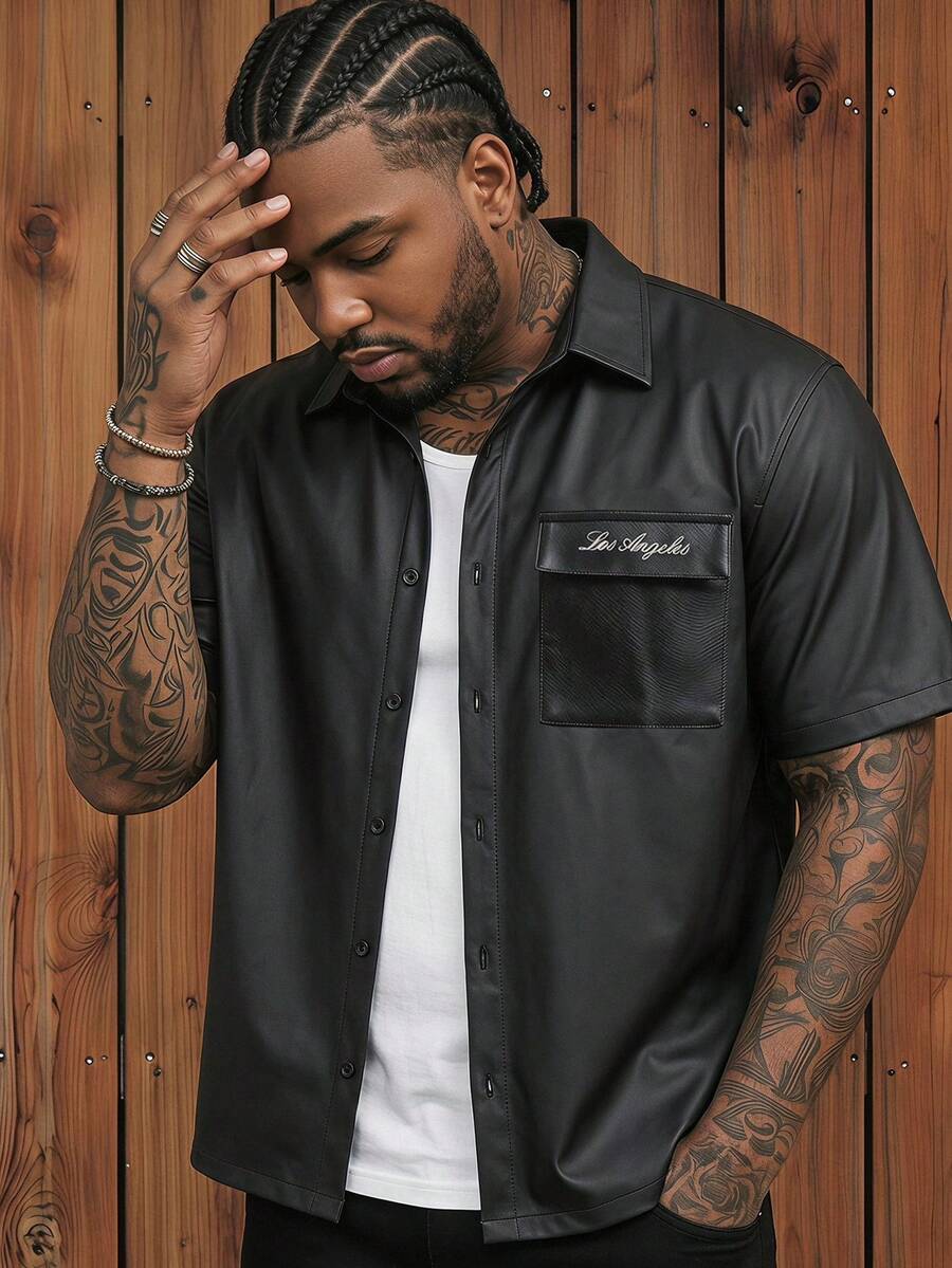 AXEPEAK Men's Plus Size Summer Casual Solid Color Short Sleeve Shirt - Black - View 1