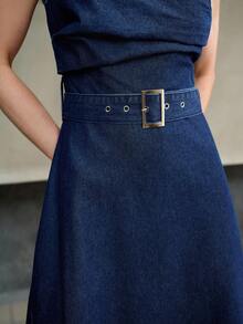 MOTF PREMIUM SPRING/SUMMER WOMEN'S ASYMMETRIC PLEATED WAIST FLARED DENIM DRESS - Blue - View 6