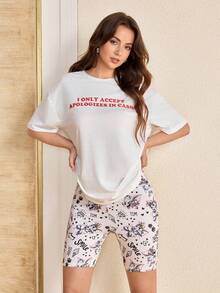 TOM & JERRY X SHEIN 女款字母卡通印花休閒寬鬆運動短褲 健身穿搭 黑白配色 夏季 - 米色 - 查看 5