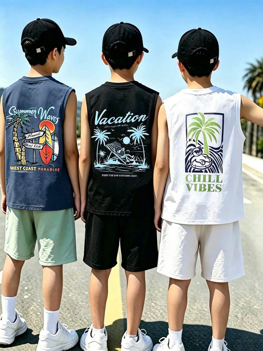 SHEIN 青少年男孩3件套度假風圖案印花背心，春夏休閒舒適時尚，適合外出、戶外運動、野餐、街拍、禮物、日常穿著 - 彩色 - 查看 1