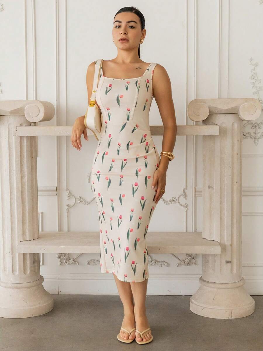 Andrea Bello 女士浪漫郁金香印花中长连衣裙，婚纱，情人节连衣裙，约会连衣裙，春夏连衣裙，度假连衣裙