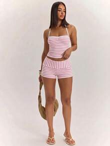 SHEIN BAE Women's Summer Pink And White Striped Casual Coastal Chic Cute Tropical Spaghetti Strap Tank Top, Suitable For Daily Wear, Beach Vacation - Baby Pink - View 7