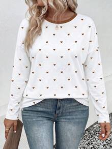 SHEIN LUNE Fashion Casual Basic Round Neck Colorblock Heart Pattern Print Plus Size T-Shirt Fall - Multicolor - View 3