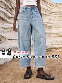SHEIN CURVE+ 大尺碼休閒水洗破洞牛仔褲 - 藍色 - 查看 7