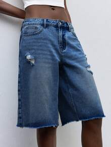 Maija 女款休閒街頭風 Grunge 日常牛仔短褲，附口袋、鈕扣與破舊設計，野餐藍，夏季款 - 深色水洗藍 - 查看 2