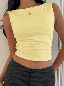 SHEIN EZwear 1 chiếc áo ba lỗ hở lưng dệt kim màu vàng nhạt cho nữ, mùa xuân/hè - Màu vàng - Xem 5