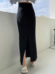 Dazy Tall Women's Long Elegant Back Slit Knit Skirt Fall - Black - View 2