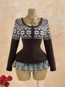 Elamini Women's Coffee Brown Fashion Casual Versatile Vintage Cable Classic Cable Knit Half-Open Button-Front Pullover Sweater, Autumn/Winter - Coffee Brown - View 3