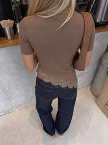 Serisse Women's Elegant Lace Patchwork Stand Collar Short Sleeve Knit Top Autumn Winter Layering Slim Fit Knitted Shirt - Brown - View 4