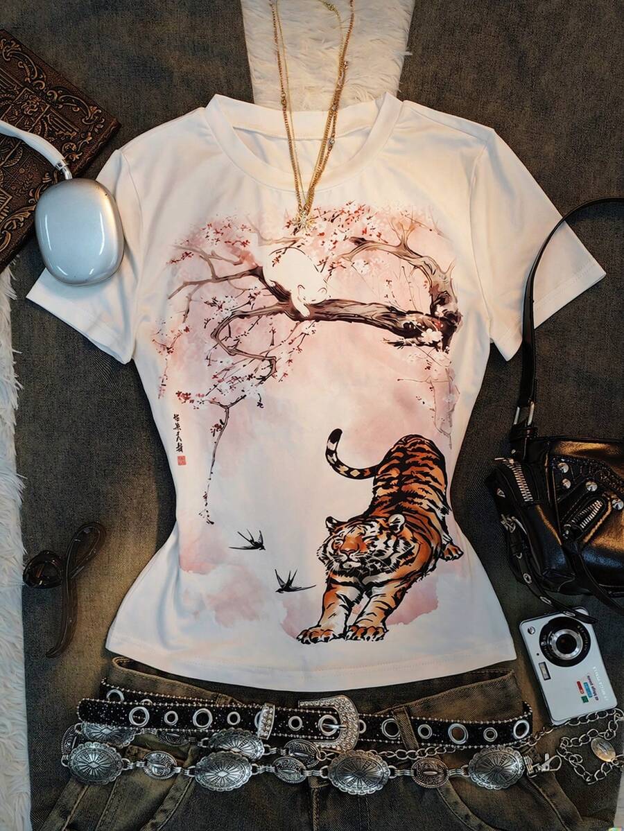 IslaSuriya Women's Y2K Round Neck Short-Sleeved Printed White T-Shirt, New Summer Style. - Multicolor - View 1