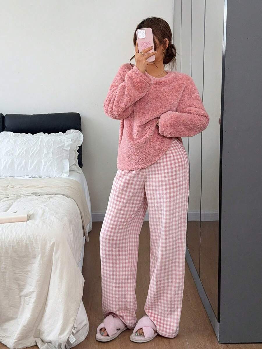 Napfluff Autumn/Winter New Fuzzy Plaid Pajama Set, Pink Long Sleeve Long Pants Loungewear - Multicolor - View 1