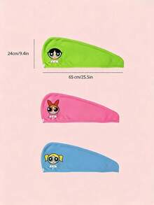 THE POWERPUFF GIRLS X POKOJA LAND 1件可愛刺繡飛天女警乾髮帽，珊瑚絨吸水快乾不掉毛乾髮巾，家用洗髮頭巾，適用於日常居家、學生宿舍、商務出差 - 彩色 - 查看 3
