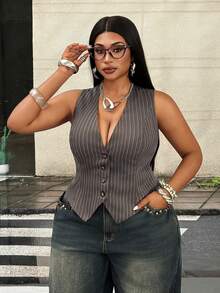 Maweii Plus Size Dark Green Striped Suit Vest Teachers' Day Office Formal Summer Business Casual Elegant - Dark Grey - View 3