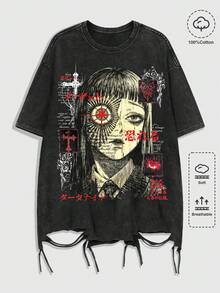 ROMWE MEN Grunge Punk 男士圓領卡通圖案休閒日常雪花T恤 - 黑色 - 查看 1