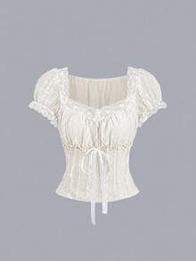 Sweetra Women's Button Lace Trim Bow Top - Apricot - View 1