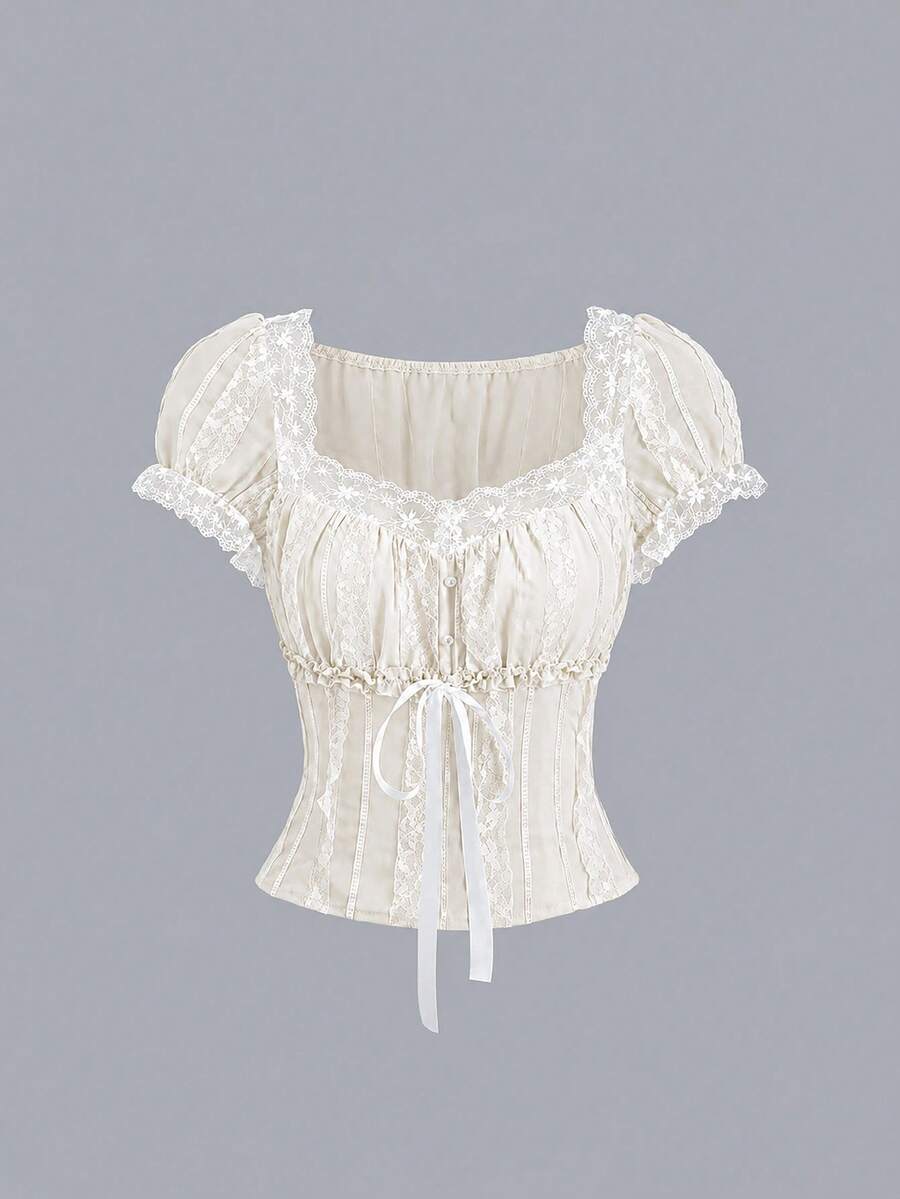 Sweetra Women's Button Lace Trim Bow Top - Apricot - View 1