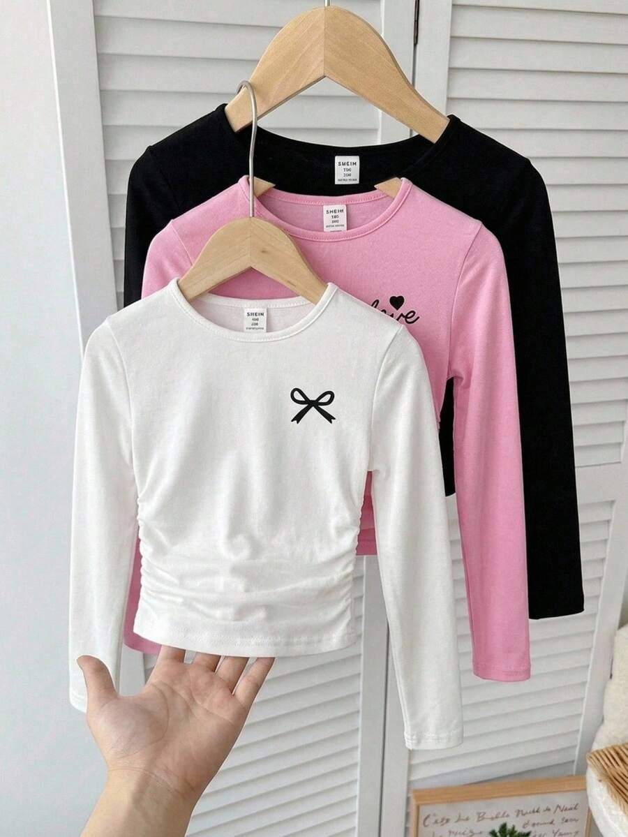 SHEIN 3件套青少年女童修身休闲纯色印花圆领褶饰长袖T恤 - 彩色 - 查看 1