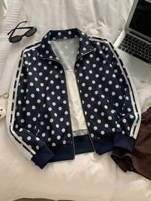 Muchica Black And White Polka Dot Floral Applique Trim Women's Lightweight Jacket Everyday Autumn Streetwear - Navy Blue - View 6
